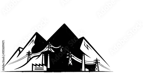 Mountain range with industrial structures and power lines