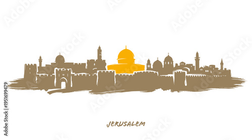 A stylized silhouette of the Jerusalem skyline, featuring iconic buildings and the golden Dome of the Rock prominently highlighted.