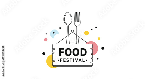 Minimalist food festival sign featuring a wooden plaque with a spoon and fork and colorful circular accents on a white background.