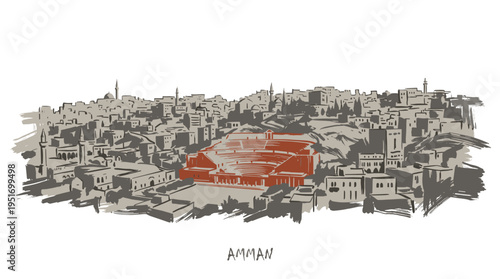 A stylized, panoramic illustration of the city of Amman, Jordan, highlighting a central, red-toned architectural structure.