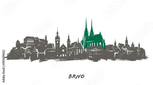 A stylized silhouette of the Brno skyline, featuring prominent buildings and landmarks, with the Petrov Cathedral highlighted in green.