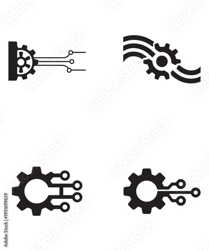 Minimalist Black Industrial Gear and Circuit Technology Abstract Vector Logo Icon Set.