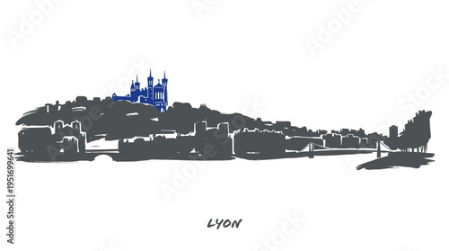 A minimalist silhouette of the Lyon skyline, featuring the iconic Basilica of Notre-Dame de Fourvière highlighted in blue against a grey cityscape.