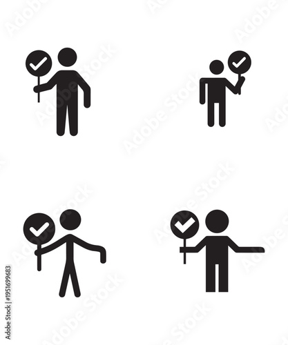 Black Stick Figure Icons Holding Check Mark Sign For Success and Approval.