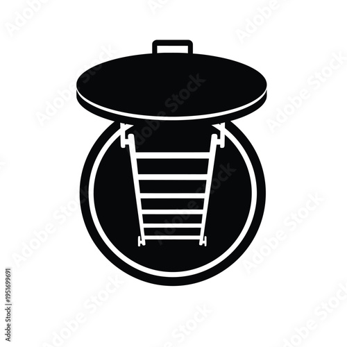 Black and white manhole cover with ladder in circular opening