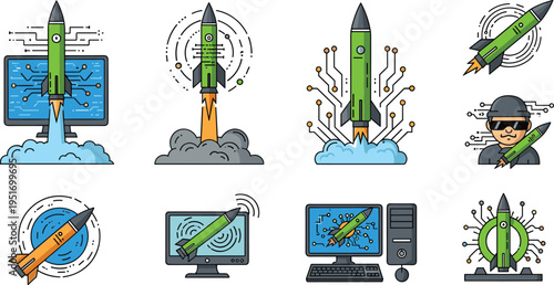 Cybersecurity Vector Illustration Showing Digital Rocket Attack and Hacker Threat Concepts