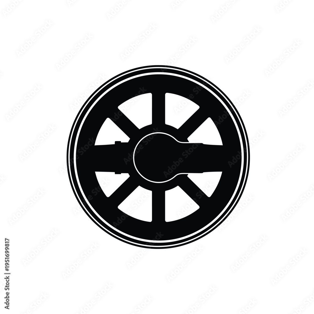 Obraz premium Black and white silhouette of a wheel with spokes and a central hub