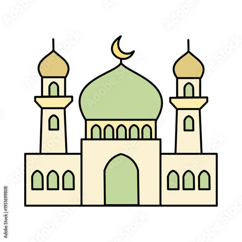 Simple Mosque Building Illustration with Crescent Moon