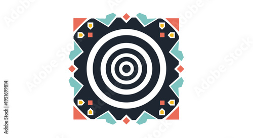 Symmetrical geometric tile pattern featuring concentric circles and colorful shapes in a square format with folk art influence.
