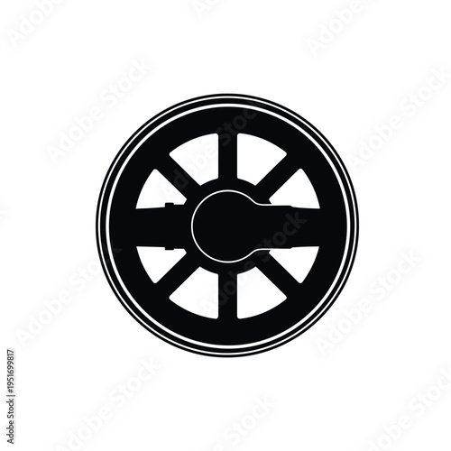 Black and white silhouette of a wheel with spokes and a central hub