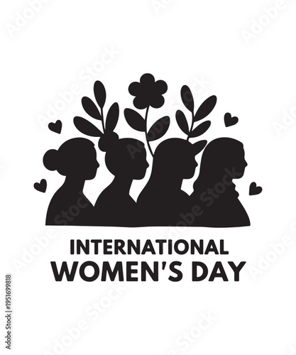 International Women's Day Elegant Black Lettering Typography with Decorative Floral Blossom Elements.