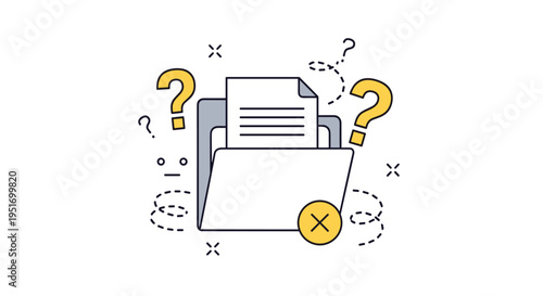 Humorous graphic of an open folder with a document surrounded by question marks and a cross mark indicating a missing file.