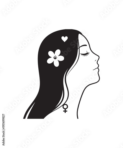 Beautiful Woman Profile Silhouette With Flower And Heart For International Women's Day.