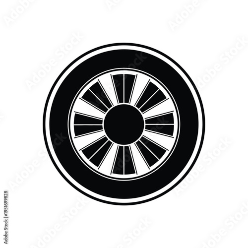 Black and white car tire with spoke wheel rim