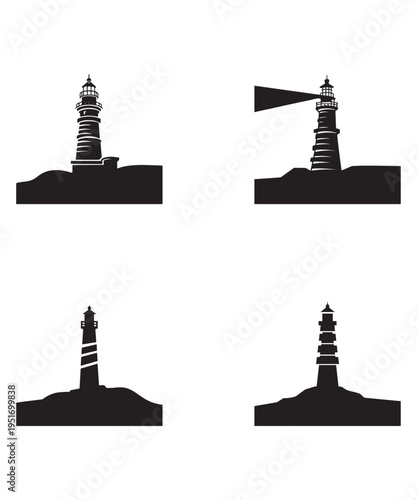 Black Lighthouse Silhouette Icon Set For Nautical Navigation And Coastal Marine Branding.