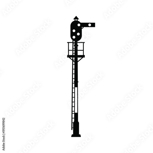 Black railway semaphore signal with ladder on white background