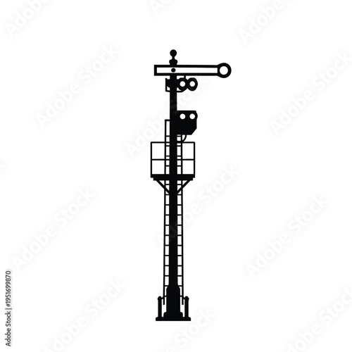 Black and white railway signal post with mechanical arm
