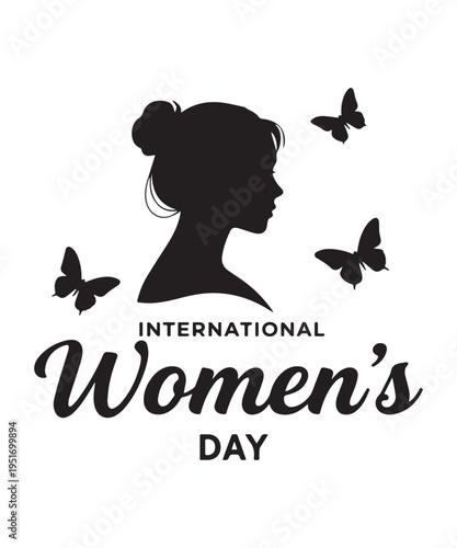 International Women's Day Elegant Black Lettering Typography with Decorative Floral Blossom Elements.
