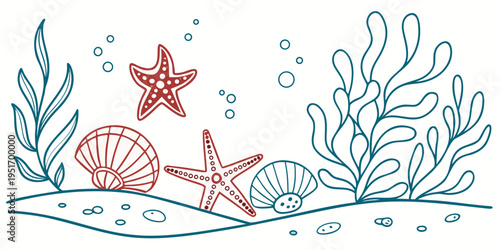 Cartoon line art sea life elements set featuring seashells, starfish, coral, and aquatic plants for underwater decoration .vector icon
