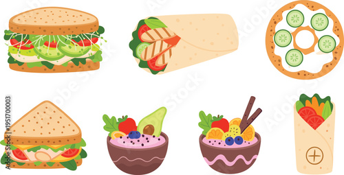 Healthy Food Vector Illustration Showing Sandwich Wrap Smoothie Bowl and Nutrition Concepts