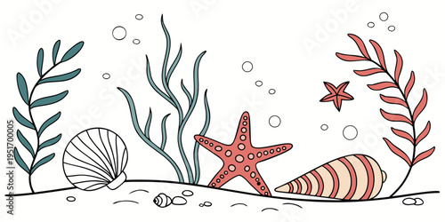Cartoon line art sea life elements set featuring seashells, starfish, coral, and aquatic plants for underwater decoration .vector icon
