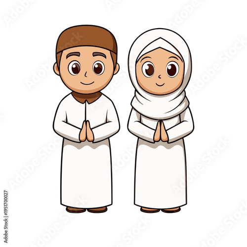 Cute Muslim Boy and Girl Characters Wearing White Clothes for Eid Greeting