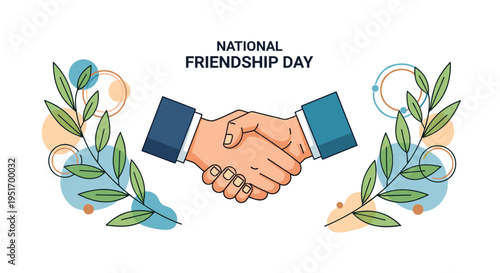 Meaningful illustration for National Friendship Day showing a firm handshake framed by green olive branches and colorful circles.