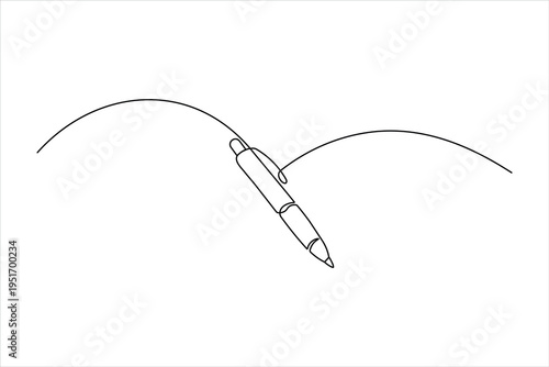 Minimalist one-line art of a ballpoint pen. Sleek continuous black line drawing on a white background, perfect for office and educational designs.