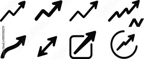 Collection of black upward trending arrow on white background growth increase