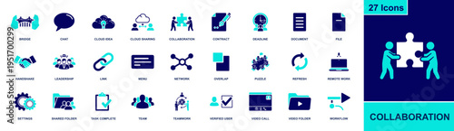 Collaboration icon set. Containing chat, cloud sharing, teamwork, contract, deadline, shared folder, remote work, video call, workflow and more. Solid fill vector icons collection.