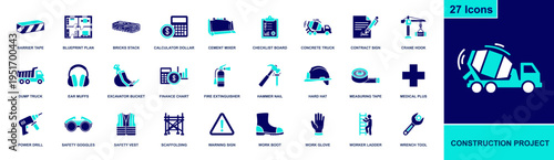 Construction icon set. Containing blueprint, cement mixer, concrete truck, crane hook, scaffolding, hard hat, safety vest, power drill, measuring tape and more. Solid fill icons collection.