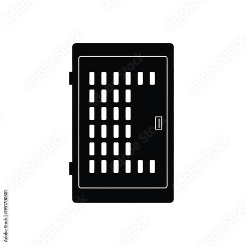 Black electrical panel with ventilation slots and door