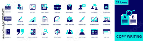 Copywriting icon set. Containing AI writer, research, audit search, grammar check, edit document, quote marks, alt text, email envelope, web page and more. Solid fill icons collection.