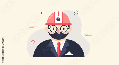Minimalist portrait of a bearded man in a hard hat and suit