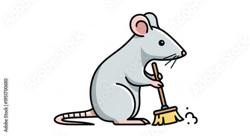 Cute cartoon mouse cleaning with broom and dustpan sweeping floor tidy workspace
