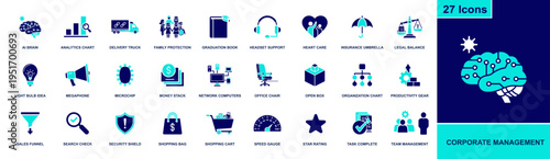 Corporate management icon set. Containing organization chart, team, productivity, analytics, sales funnel, security shield, support, tasks and more. Solid fill vector icons collection.