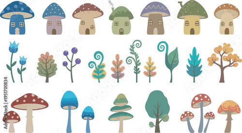 cartoon mushrooms and houses with trees and flowers