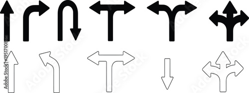 Collection of black solid and white outline arrow indicating direction and choices