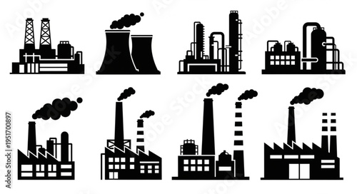 Silhouettes of Industrial Factories and Power Plants with Smoke.