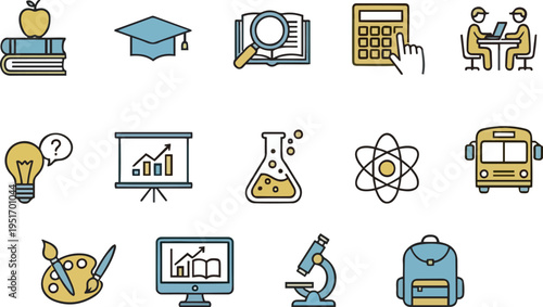 education icons with various school and learning symbols