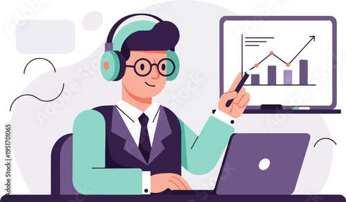 Man in headphones presents business graph on screen near laptop