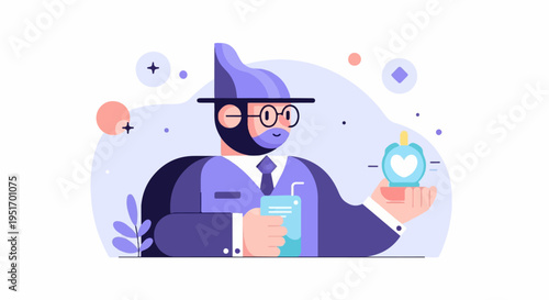 Man in hat holding juice box and heart-shaped perfume bottle