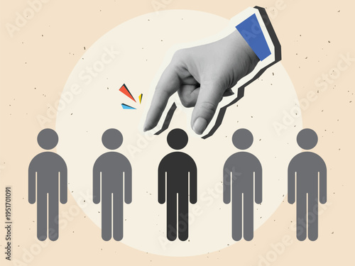 A person takes one icon of a person in a row. Concept of hiring staff and building a team. Modern collage style. Vector illustration