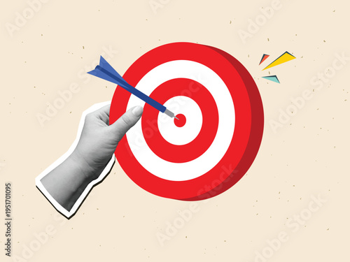 Black and white hands holding a red target with a dart on a center. Modern collage style. Vector illustration