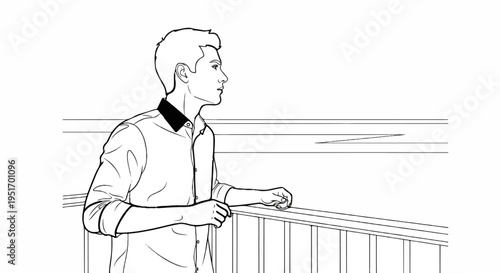 Man in shirt leans on railing, looking out at distant horizontal lines