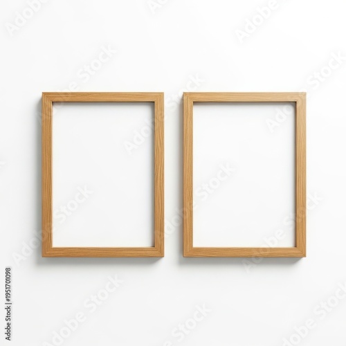 Two empty wooden picture frames hanging on a white wall with subtle shadows underneath.