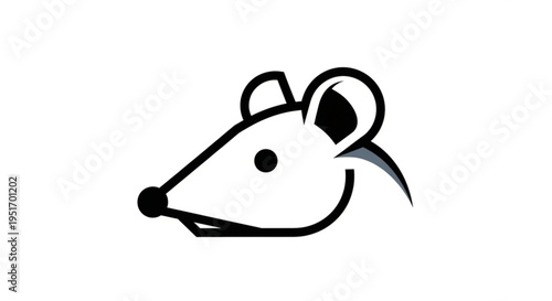 Black and white cartoon mouse head with ears and tail on plain background