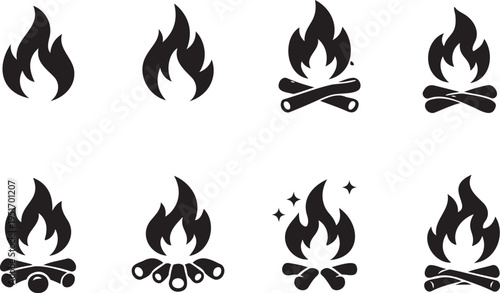 fire flame icon set burning symbol collection pack, heat fire shapes simple minimal design icons, flame symbol bundle fire element collection