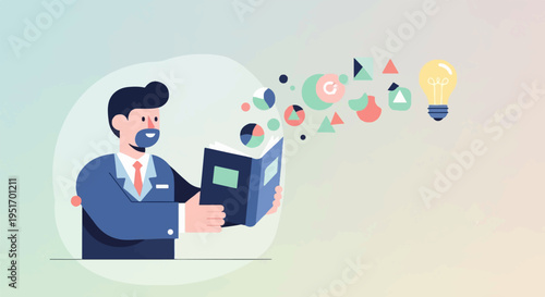 Man in suit reads book, geometric shapes and lightbulb float upwards