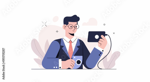 Man in suit with glasses holding a phone and a camera with abstract shapes